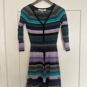 Diane Von - Striped Knit V-Neck Midi Dress in Teal, Purple & Black